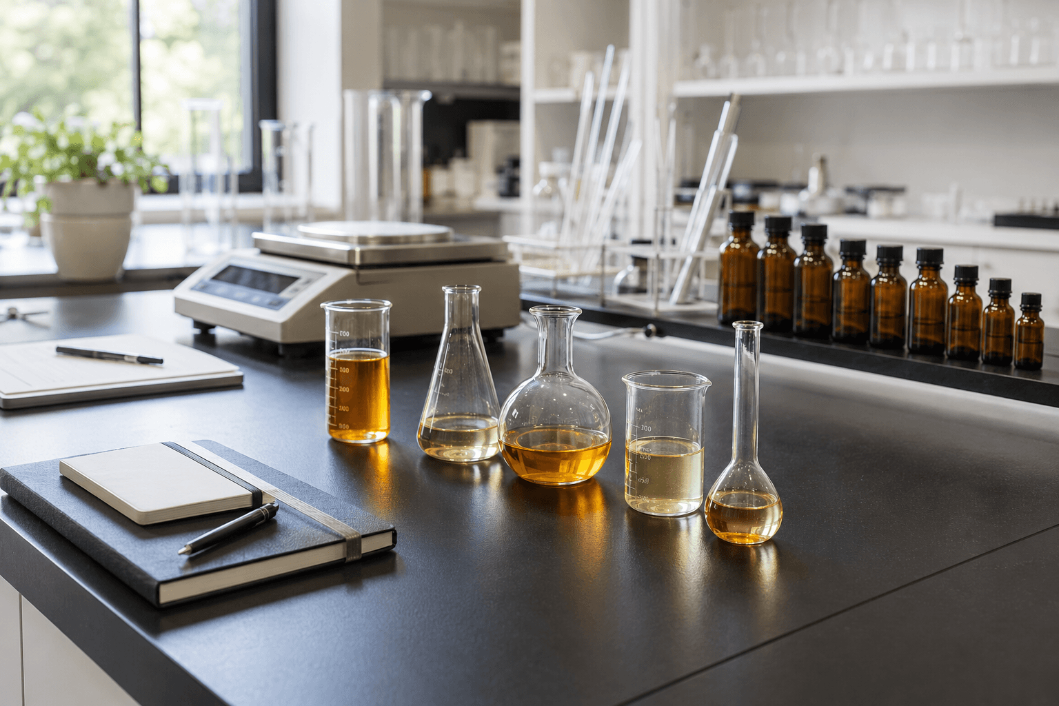 Clean laboratory bench with amber flavor liquids in glass beakers and bottles