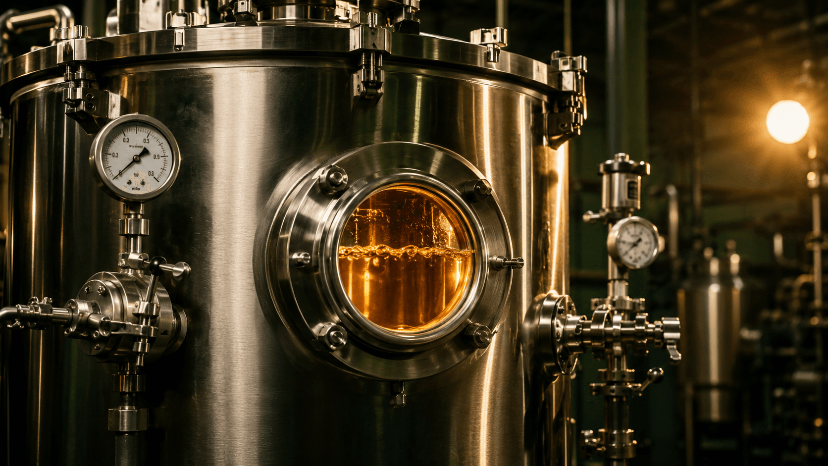 Stainless steel production vessel with amber flavor liquid visible through the porthole