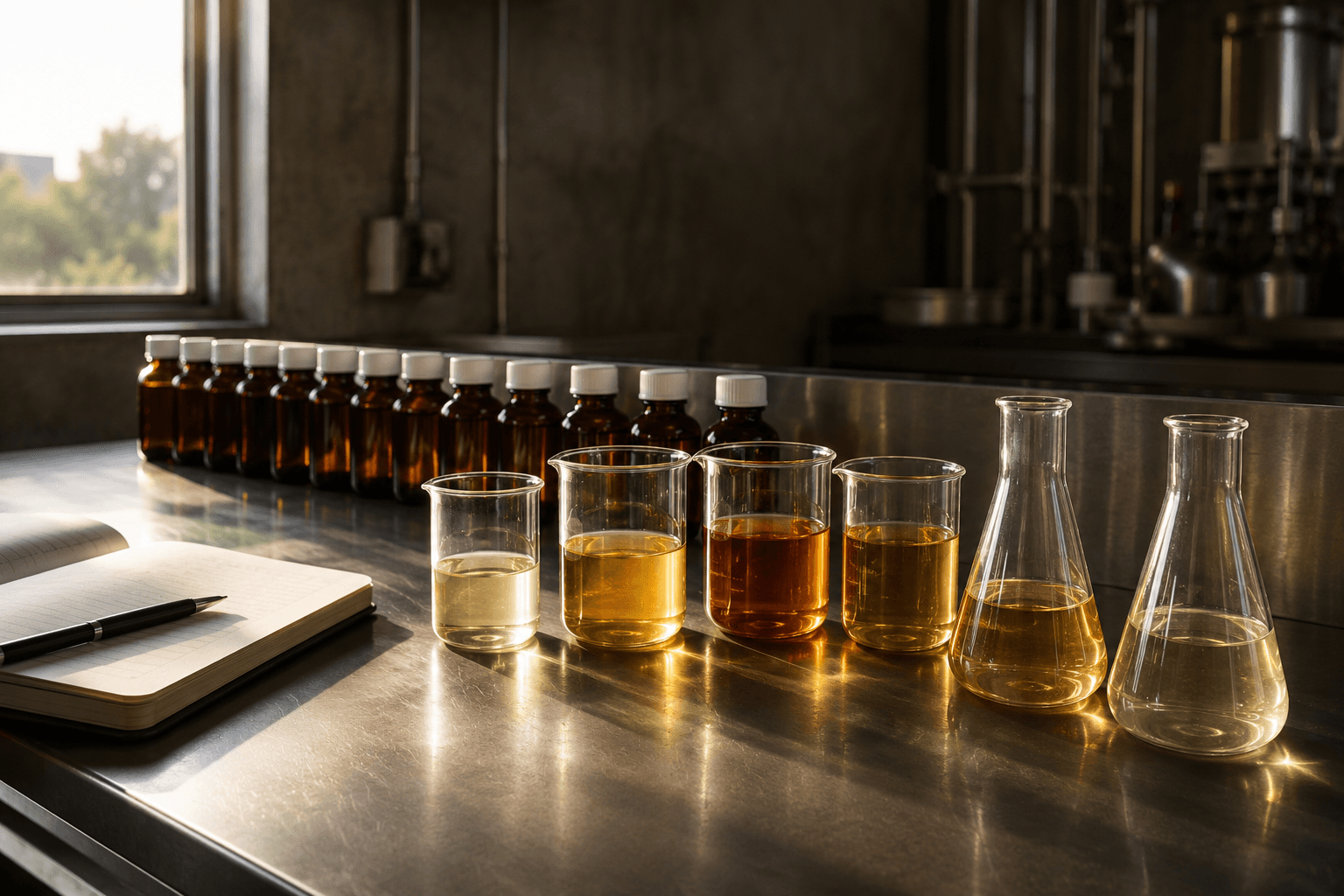 Row of amber flavor liquids in beakers and flasks on a stainless lab bench
