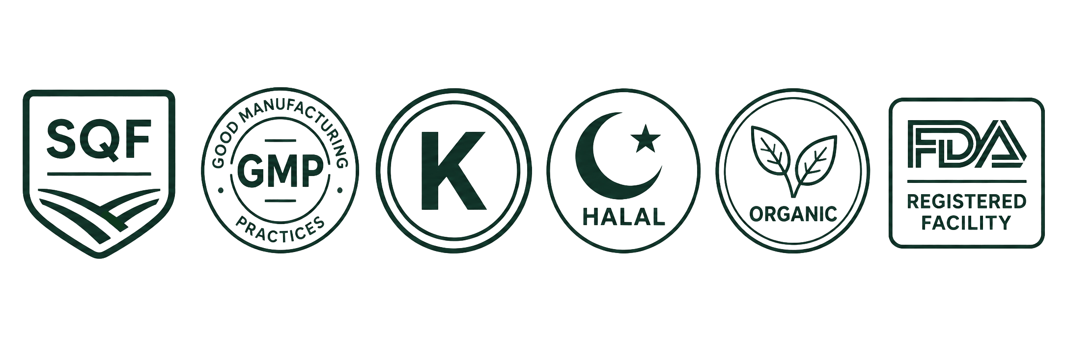 Facility, quality, kosher, halal, organic-compliant, and FDA registration program badges